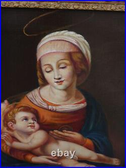 Antique oil canvas madonna child painting religious