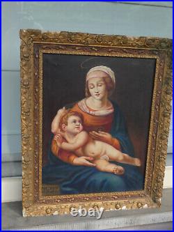 Antique oil canvas madonna child painting religious