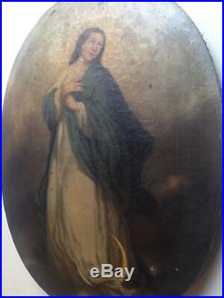 Antique oil painting 19th century Portrait Virgin Crescent moon French school