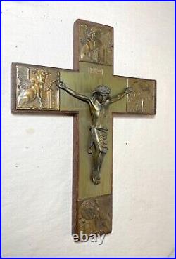 Antique ornate Latin wood brass religious wall crucifix cross Jesus Christ art