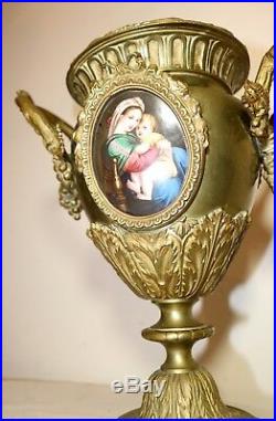 Antique ornate gilt bronze porcelain religious painting urn vase garniture Mary