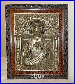 Antique ornate religious Jesus Christ wall silver over bronze relief plaque art