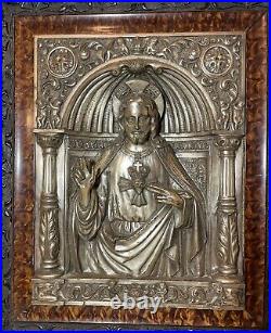 Antique ornate religious Jesus Christ wall silver over bronze relief plaque art