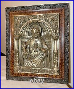 Antique ornate religious Jesus Christ wall silver over bronze relief plaque art