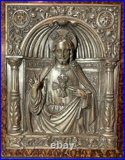 Antique ornate religious Jesus Christ wall silver over bronze relief plaque art