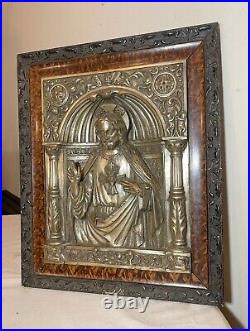 Antique ornate religious Jesus Christ wall silver over bronze relief plaque art