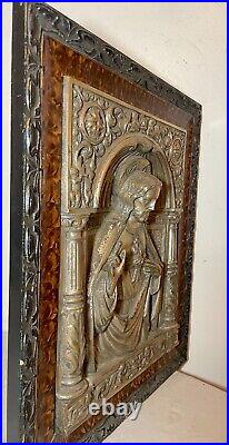 Antique ornate religious Jesus Christ wall silver over bronze relief plaque art