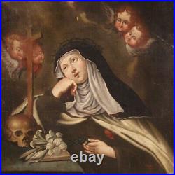 Antique painting Saint nun religious framework oil on canvas 18th century 700