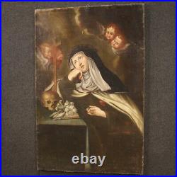 Antique painting Saint nun religious framework oil on canvas 18th century 700