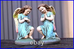 Antique pair ceramic chalk praying angel figurine statue religious set