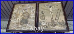 Antique pair religious 19thc Litho frames plaques crucifixion saint anthony