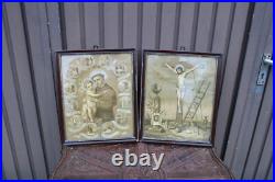 Antique pair religious 19thc Litho frames plaques crucifixion saint anthony