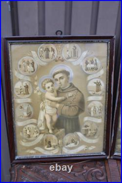 Antique pair religious 19thc Litho frames plaques crucifixion saint anthony