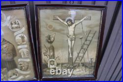 Antique pair religious 19thc Litho frames plaques crucifixion saint anthony