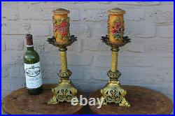 Antique pair tripod religious bronze church candle holder enamel