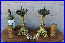 Antique pair tripod religious bronze church candle holder enamel