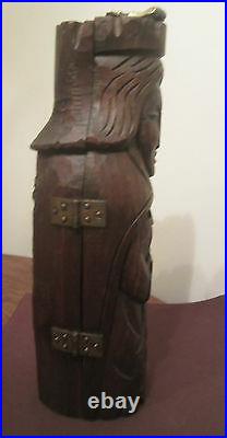 Antique pop folk art handmade carved wood religious icon wine bottle holder case