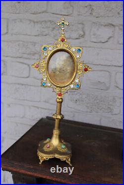 Antique rare french brass crystal stones glass Monstrance religious statue