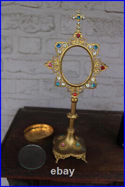 Antique rare french brass crystal stones glass Monstrance religious statue