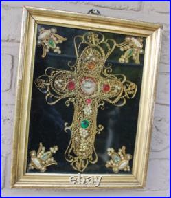 Antique religious Crucifix 5 relic holder stones frame plaque rare
