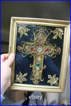 Antique religious Crucifix 5 relic holder stones frame plaque rare