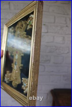 Antique religious Crucifix 5 relic holder stones frame plaque rare