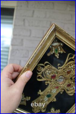 Antique religious Crucifix 5 relic holder stones frame plaque rare