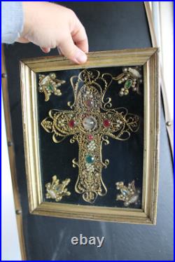 Antique religious Crucifix 5 relic holder stones frame plaque rare
