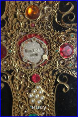 Antique religious Crucifix 5 relic holder stones frame plaque rare