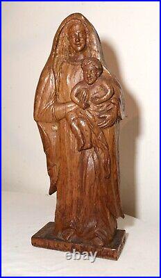 Antique religious Folk Art Mary Jesus hand carved wood sculpture statue Santos