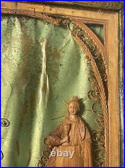 Antique religious Mary Angel Gabriel carved wood Cyrillic sculpture wall diorama