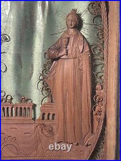 Antique religious Mary Angel Gabriel carved wood Cyrillic sculpture wall diorama