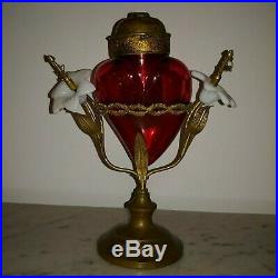 Antique religious art church cranberry glass Sacred Heart reliquary lamp 1890s