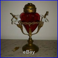 Antique religious art church cranberry glass Sacred Heart reliquary lamp 1890s