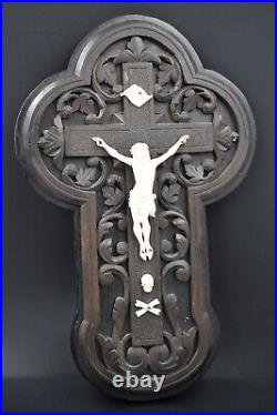 Antique religious art, crucifix, hand carved Christ 19 th century