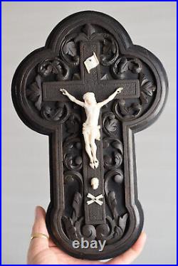 Antique religious art, crucifix, hand carved Christ 19 th century