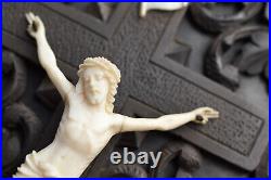 Antique religious art, crucifix, hand carved Christ 19 th century