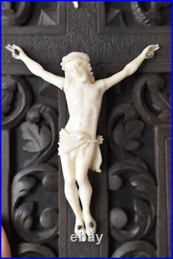 Antique religious art, crucifix, hand carved Christ 19 th century