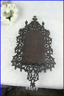 Antique religious black forest wood carved gothic porcelain madonna medaillon