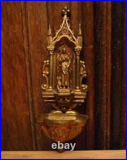 Antique religious bronze brass wall hanging Holy water font Saint Germaine Lamb