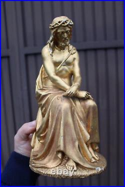 Antique religious chalk gold gilt Jesus tied figurine statue