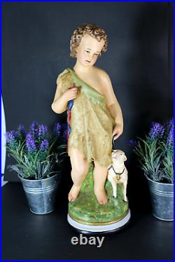 Antique religious chalk statue of saint john the baptist with lamb figurine