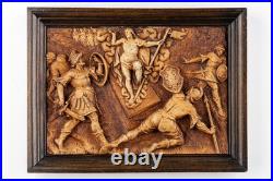 Antique religious chalkware plaque bas relief Ressurection christ wood frame