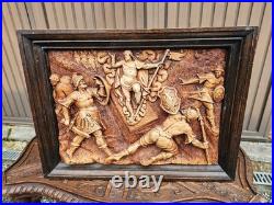 Antique religious chalkware plaque bas relief Ressurection christ wood frame