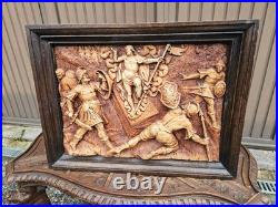 Antique religious chalkware plaque bas relief Ressurection christ wood frame