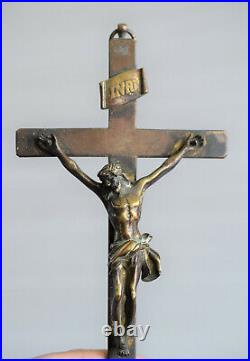 Antique religious cross, crucifix bronze, made 19th century