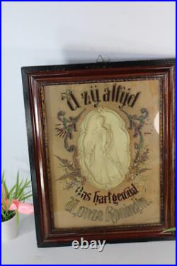 Antique religious embroidery wax mdaillon wall plaque