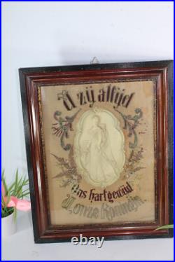 Antique religious embroidery wax mdaillon wall plaque