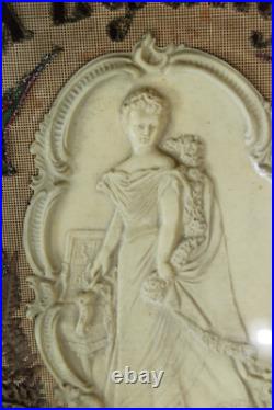 Antique religious embroidery wax mdaillon wall plaque