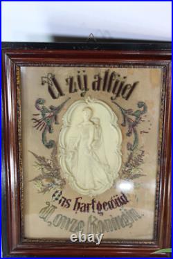 Antique religious embroidery wax mdaillon wall plaque